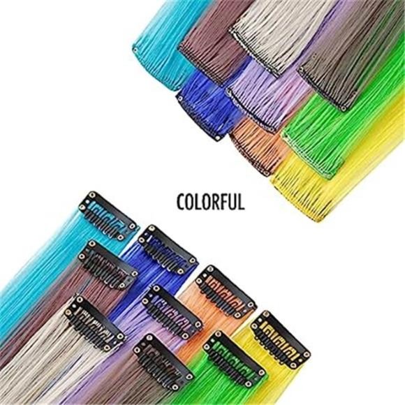 12PCS Colored Red Hair Extensions Straight Multicolor Clip 12pcs Blue - Picture 5 of 6